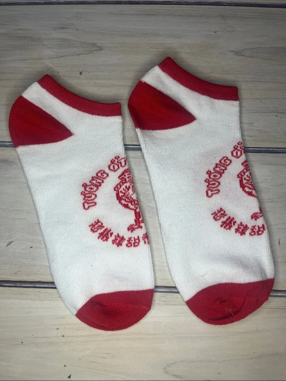 No-Show Srirachi Socks with Red Accents and Rooster Logo
